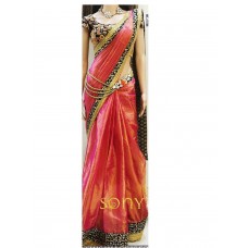 kenil fabrics orangy pink georgette designer women's saree with embroidered work blouse